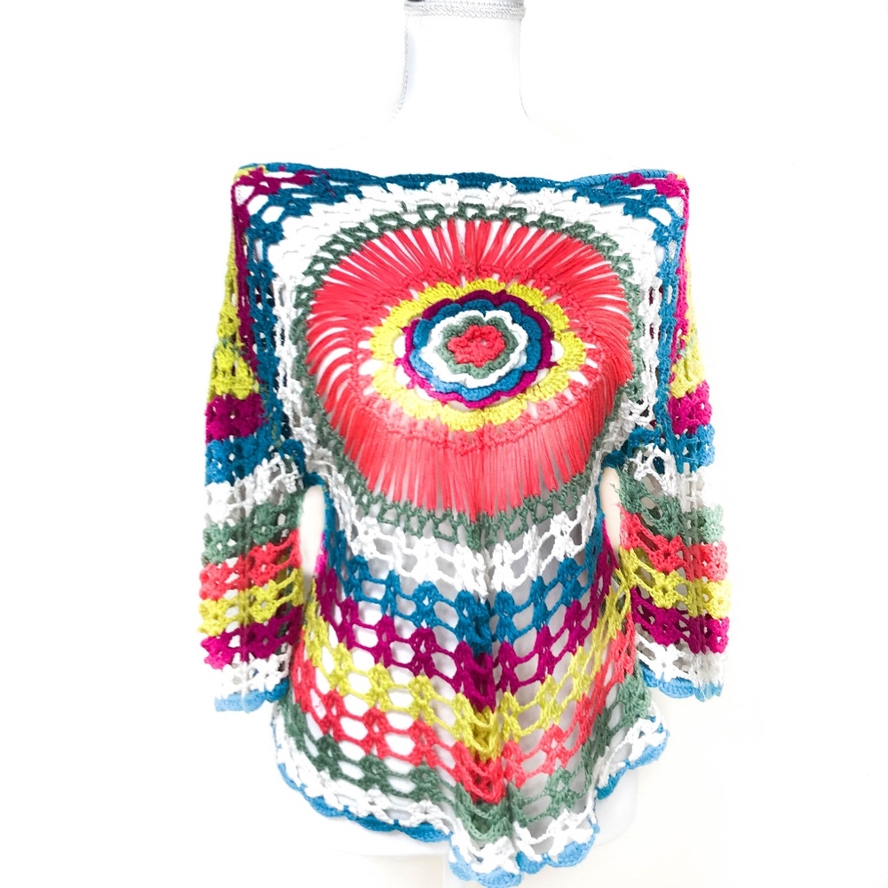 Crochet Colorful Boho Sweater 70"s Style Size S/M
